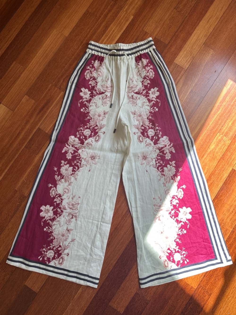 Alemais 100% Linen Cream Palazzo Pants with Burgundy Floral Side Panels